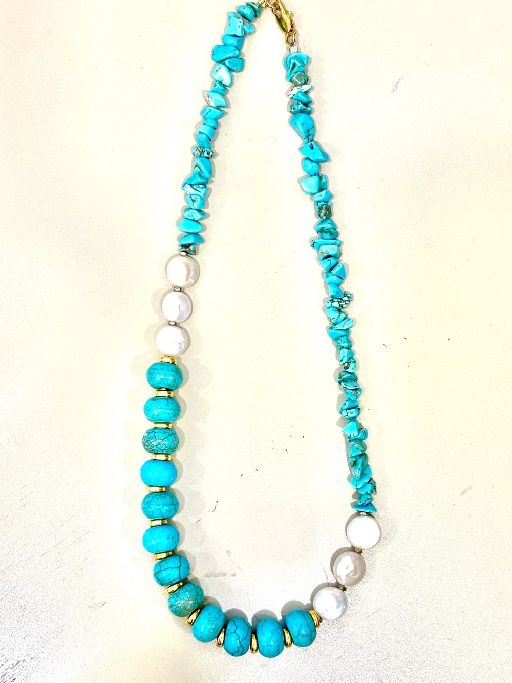 Handcrafted Real Turquoise Beads, Coin Pearls, Brass Gold Spacers Asymmetrical